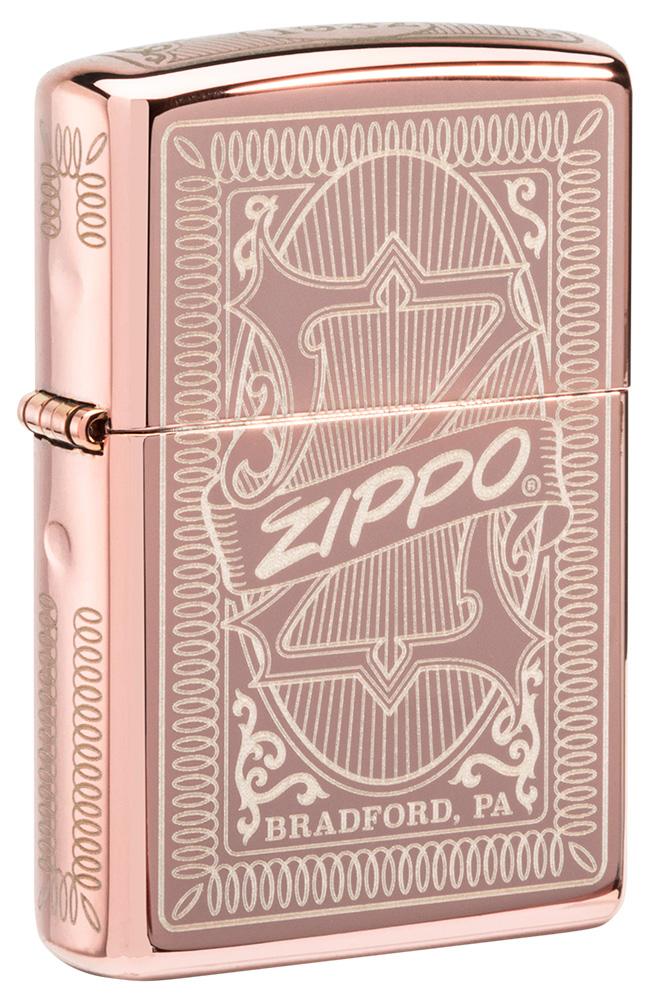 Vooraanzicht 3/4 hoek Zippo Aansteker Matchbox met Logo Rose Goud