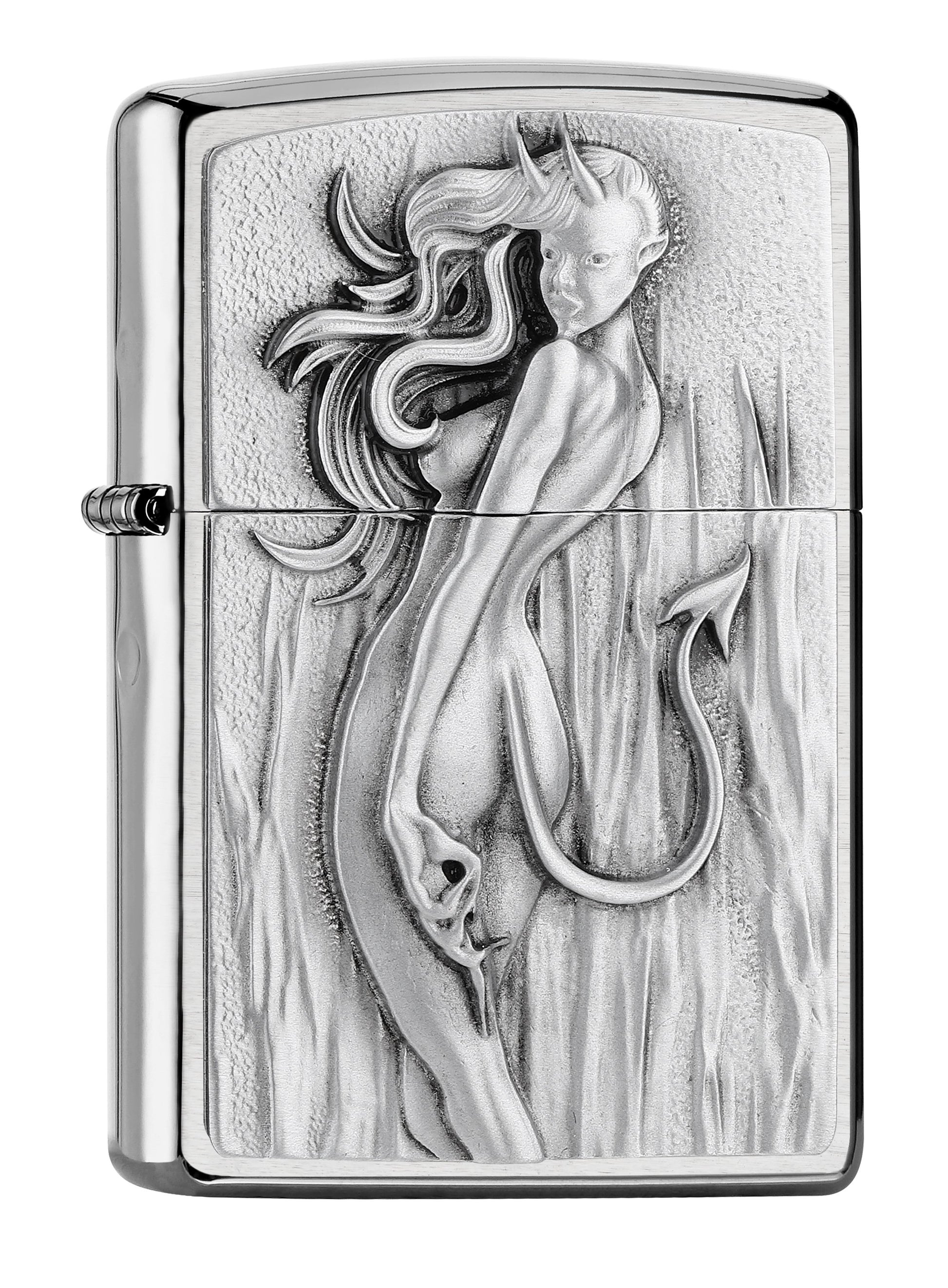 Zapalniczka Zippo z widokiem z przodu 3/4 kąta Brushed Chrome Barefaced Devilish Woman With Long Hair Tylko Online