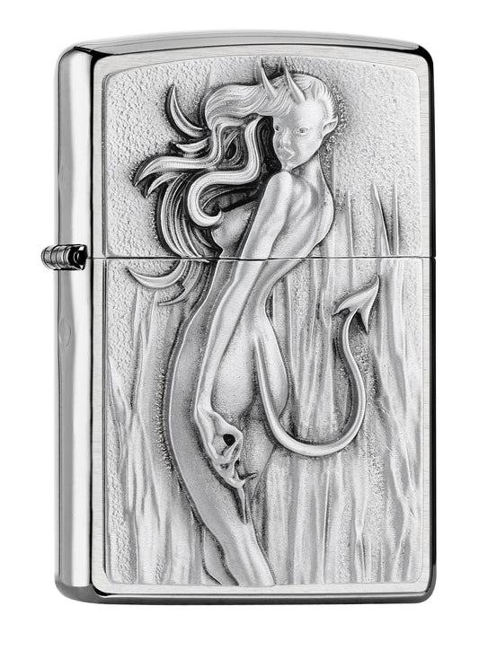 Zapalniczka Zippo z widokiem z przodu 3/4 kąta Brushed Chrome Barefaced Devilish Woman With Long Hair Tylko Online