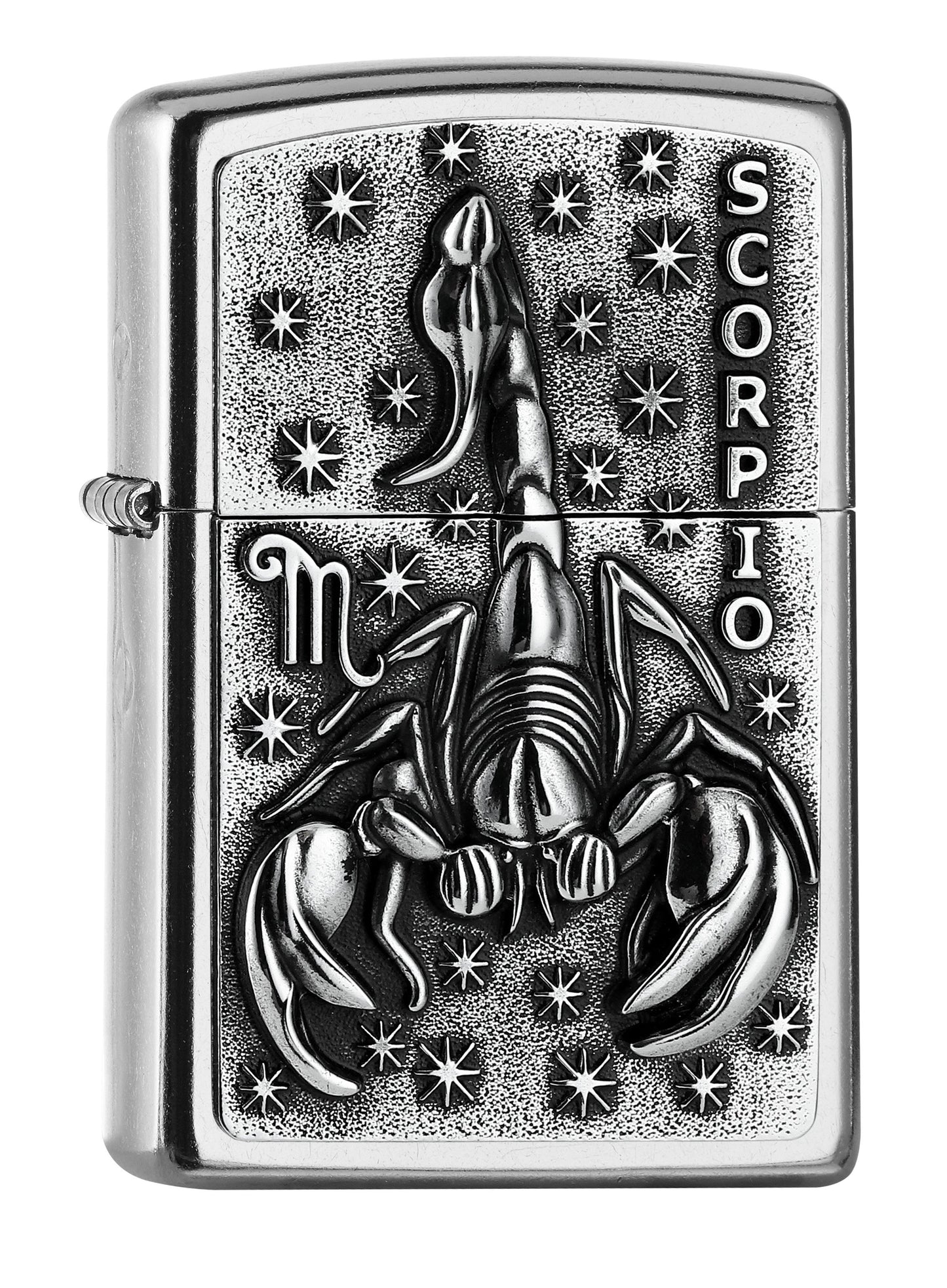 Widok z przodu kąt 3/4 zapalniczka Zippo chrom ze skorpionem