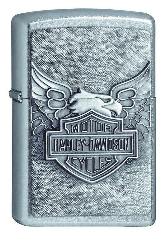 Widok z przodu kąt 3/4 zapalniczka Zippo chrom emblemat z logo Harley-Davidson i orłem