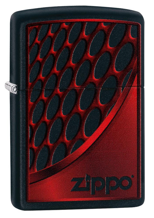 Widok z przodu kąt 3/4 zapalniczka Zippo czarna z logo Zippo na czerwono-czarnym tle