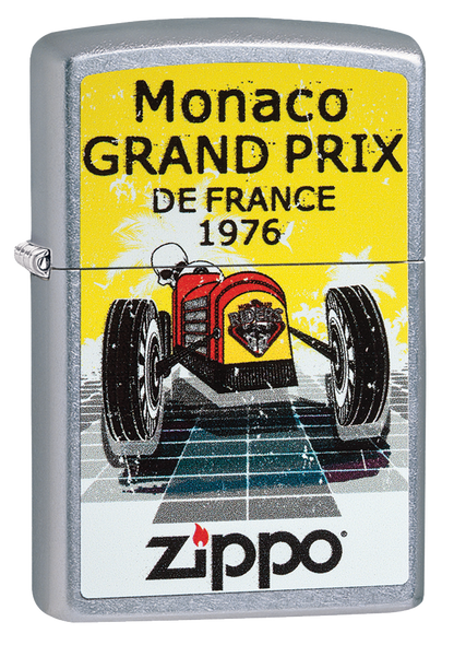 Vue de trois quarts du briquet tempête Zippo Grand Prix