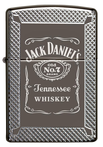 Widok z przodu zapalniczka Zippo szara błyszcząca z wygrawerowanym logo Jack Daniel’s i napisem