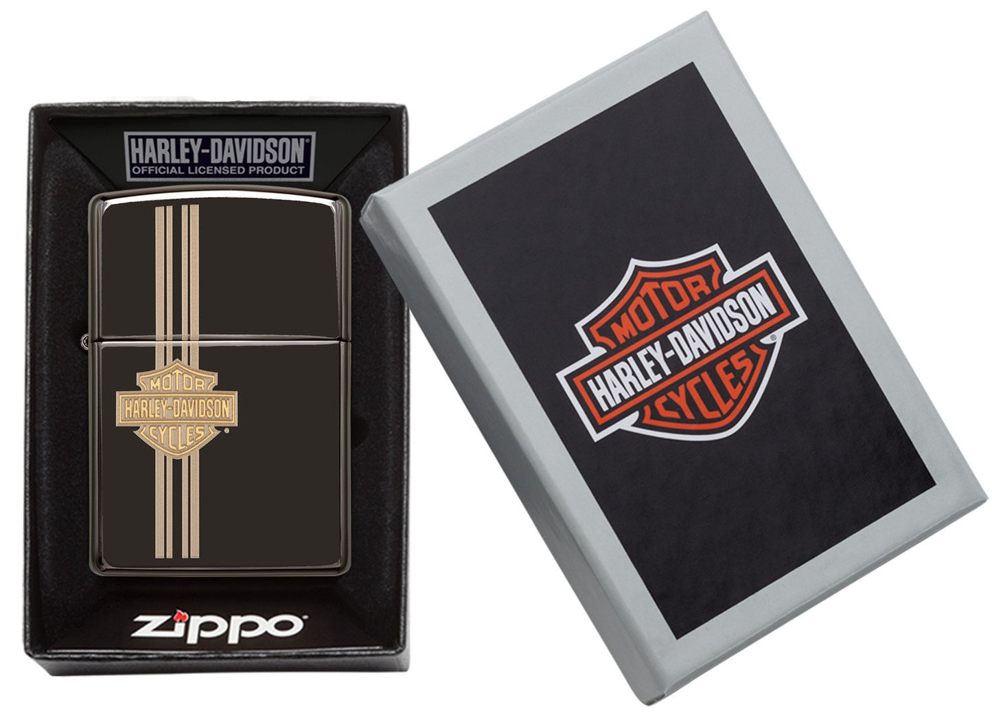 Zapalniczka Zippo czarna z wysokim połyskiem i wygrawerowanym małym logo Harley-Davidson w otwartym pudełku