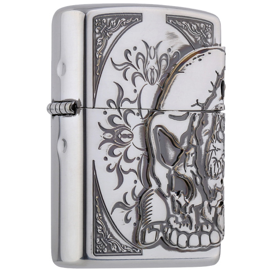 Vue de trois quarts du briquet tempête Zippo Bigskull Antique